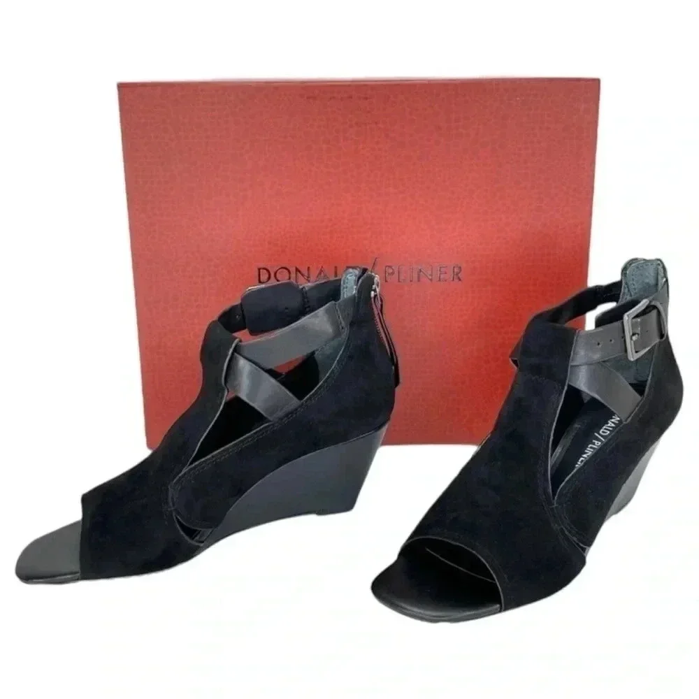 Donald J Pliner Sila2 Black Suede Leather Womens Wedge Pump Size 6.5M